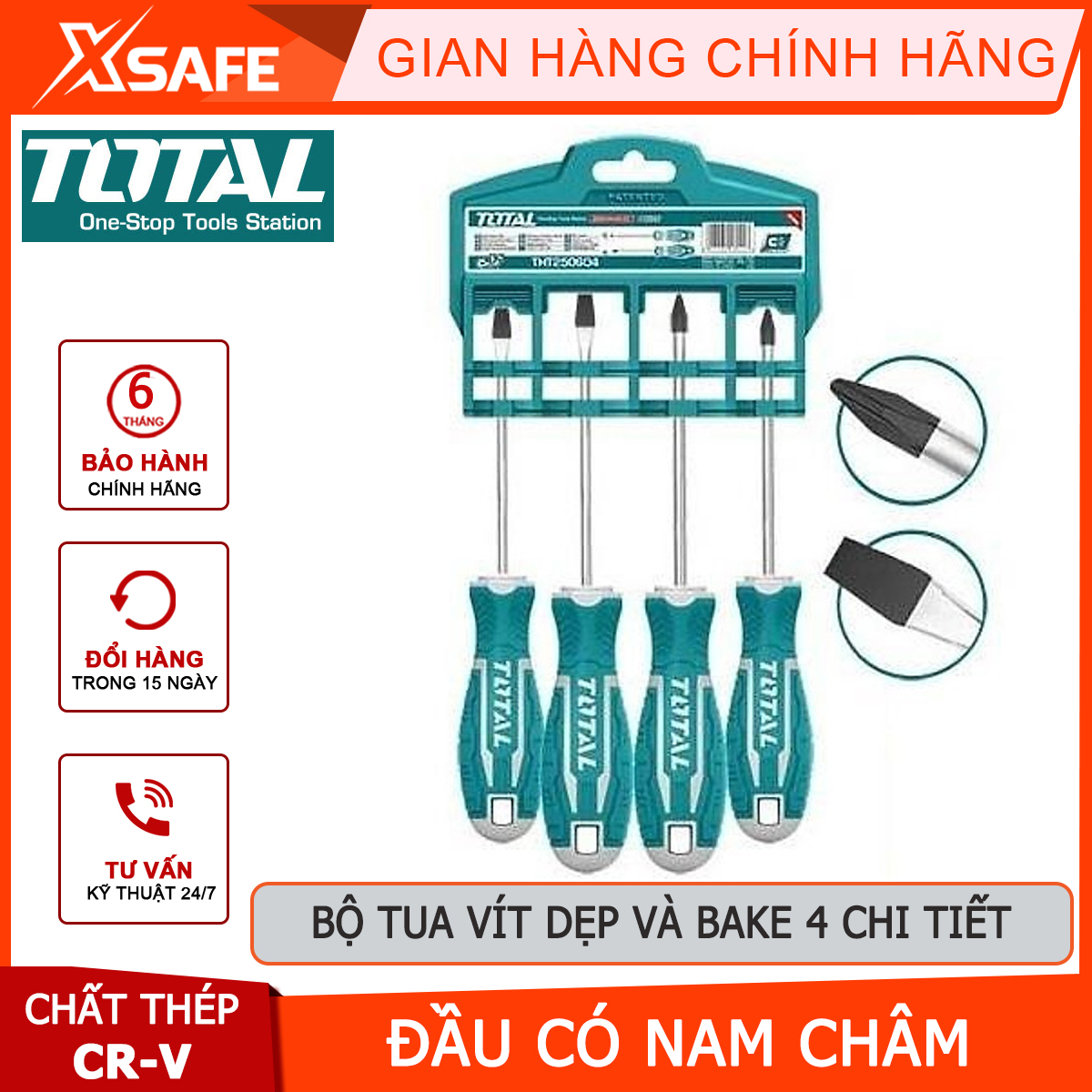 Bộ tuốc nơ vít dẹp và bake 4 chi tiết total tht250604 | bộ 4 tua vít tua vít sl5.5x100mm, tua vít sl6.5x150mm, tua vítph1x100mm, tua vít ph2x150mm dùng để siết chặt hoặc gỡ bỏ ốc vít