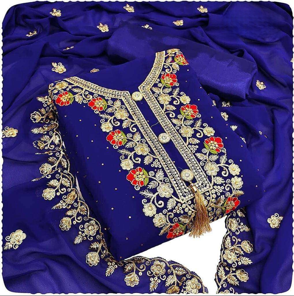 Indian New Stylish Exclushive Collection Weatless Goergett Computer Abroydary Work Three Piece Salower Kameez For Women