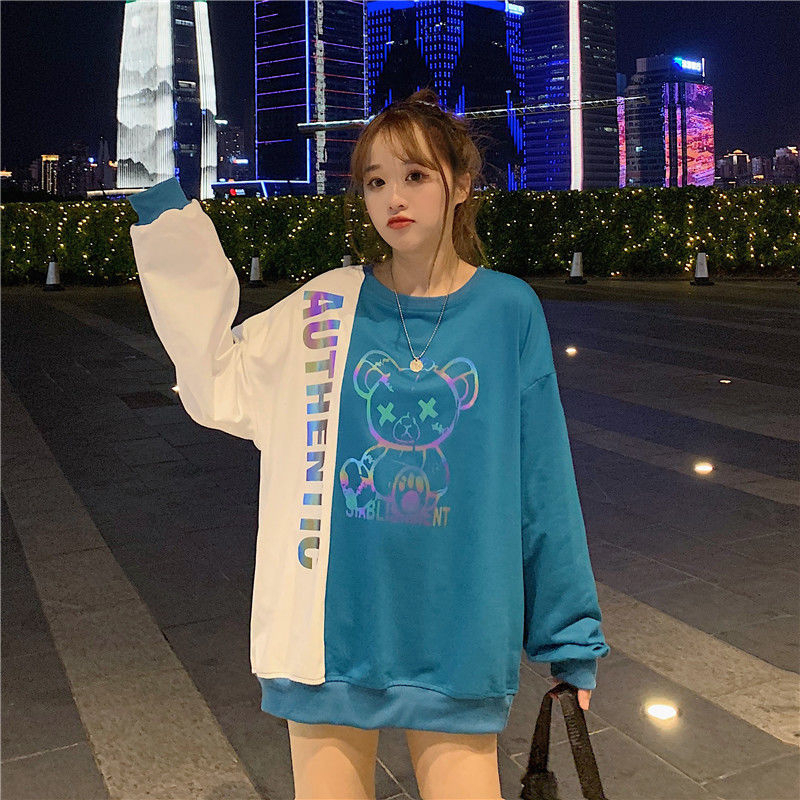 MBeauty Women's spliced loose round neck sweatshirt pullover bear