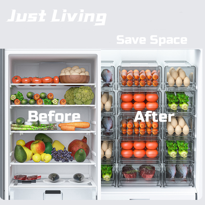 JustLiving Hộp Sắp Xếp Tủ Lạnh Ngăn Kéo Có Thể Xếp Chồng Hộp Đựng Thực Phẩm Trong Tủ Lạnh Thú Cưng Hộp Đựng Tủ Đông Giữ Tươi Tủ Lạnh Hộp Đựng Thực Phẩm Nhà Bếp