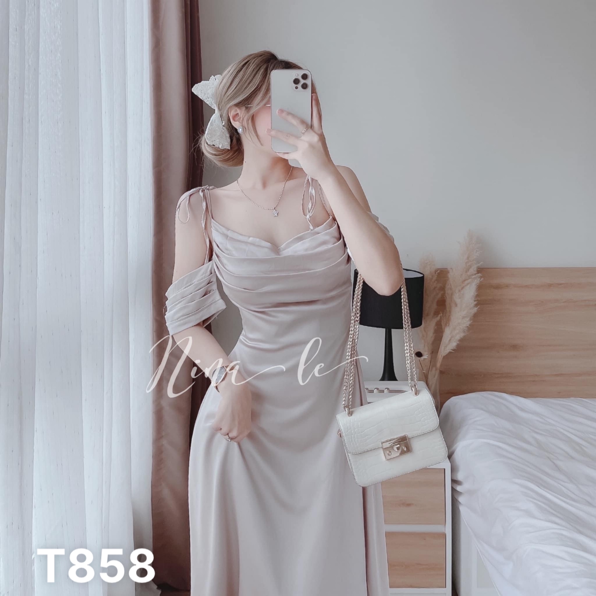 Đầm 2 dây cổ đổ có mút cao cấp dự tiệc dạo phố lụa satin T858
