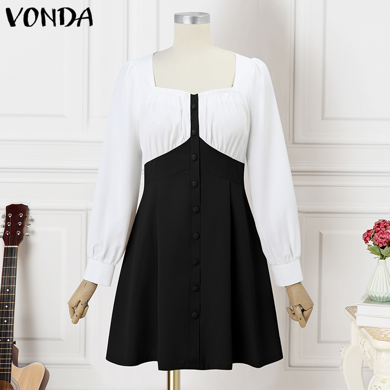 VONDA%20Women's%20French%20Square%20Collar%20Contrast%20Splicing%20Dress%20Temperament%20Puff%20Sleeve%20A-Line%20Dresses%20(Korean%20Commuting)%20#3%20-%20Image%204