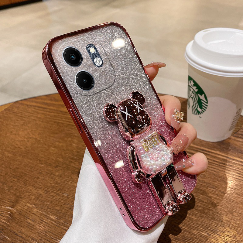 For infinix Smart 9 Case with Cartoon 3D Bear Stand Luxury Slim Gradient Plating Glitter Girls Stylish For infinix Smart9 Back Cover. 