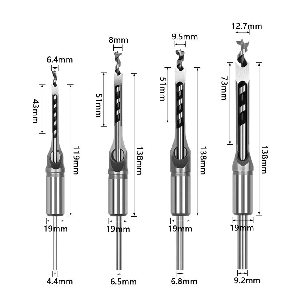 pcbfun Square Hole Mortise Chisel Drill Bit Tools Woodworking Hole Saw Drill Bit Set Twist Drill Different Sizes 1/4 5/16 1/2 3/8 Inch