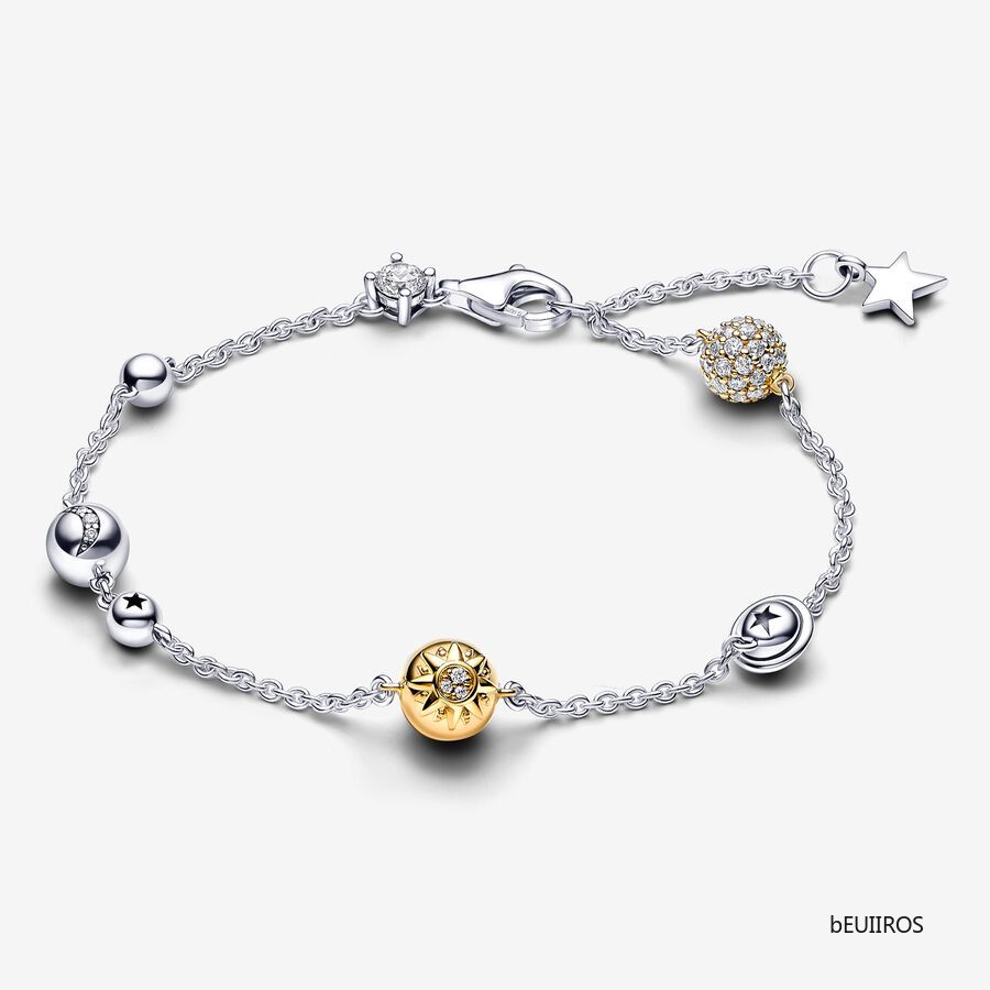 New Pandora Sterling silver and 14k Gold-plated unique metal blend Two-tone Sparkling Solar System Chain Bracelet 562838C01