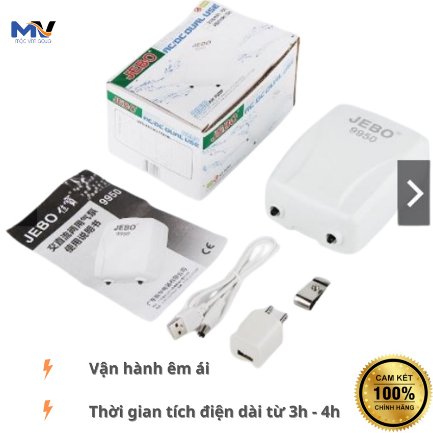[ Tặng 1m dây và 2 cục sủi ] Máy sủi oxy tích điện Jebo 9950 2 vòi mini siêu êm