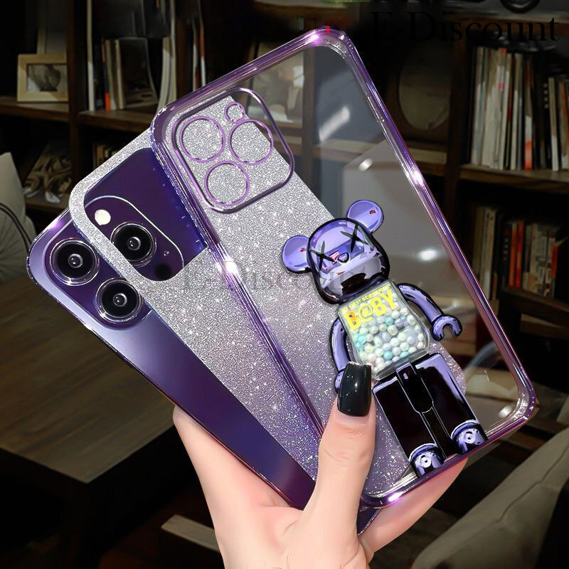 New Phone case Redmi 14C Back cover with Cartoon 3D Bear Stand Luxury Slim Gradient Plating Glitter Girls Stylish For Xiaomi Redmi 14C case. 