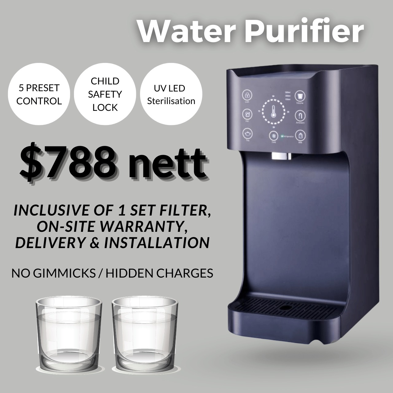 Water Purifier with UV Sterilization Tankless with Filter Water