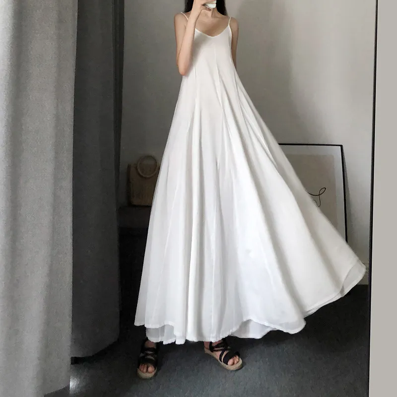 FairyTaill Summer New White Strap Dress Women's Long Super Fairy Ankle Long Dress A-line Large Swing Dress with Underlay Dress Oversized 201D497