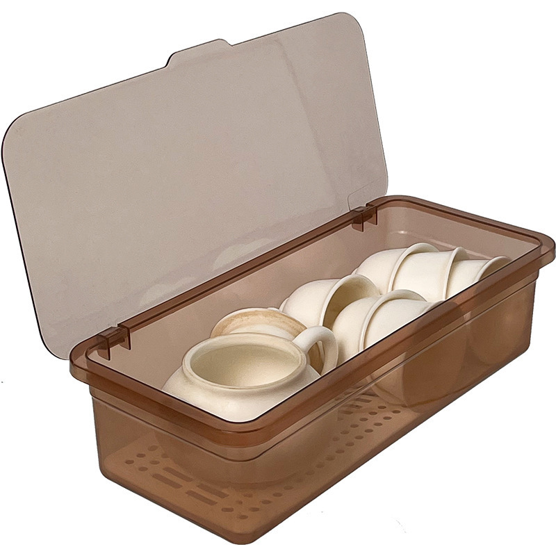 KS Tea set storage box double-layer desktop dust-proof storage box with lid kitchen chopstick storage box drain rack tray
