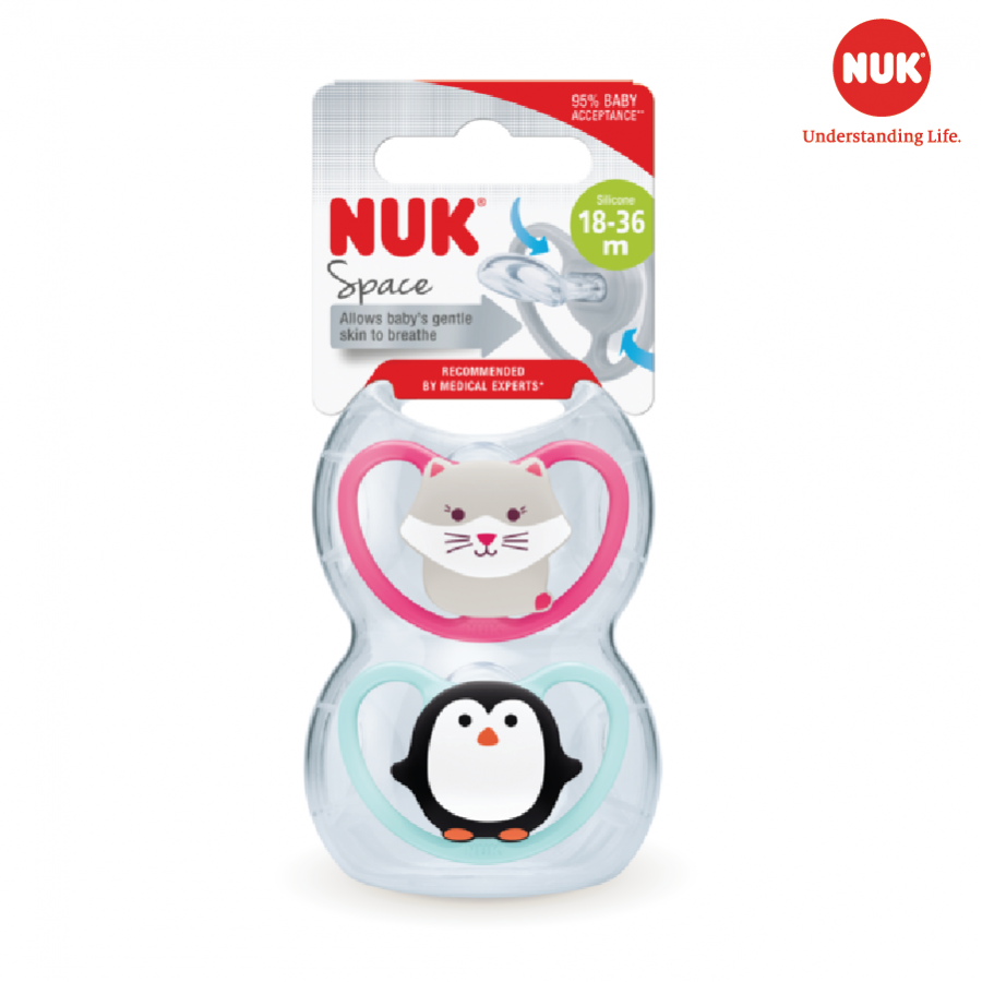 Bộ 2 ty ngậm Silicone NUK Space cho bé 18-36 tháng (2 cái/hộp) - NU31869_Mèo + Chim cánh cụt - ti ngam tre em