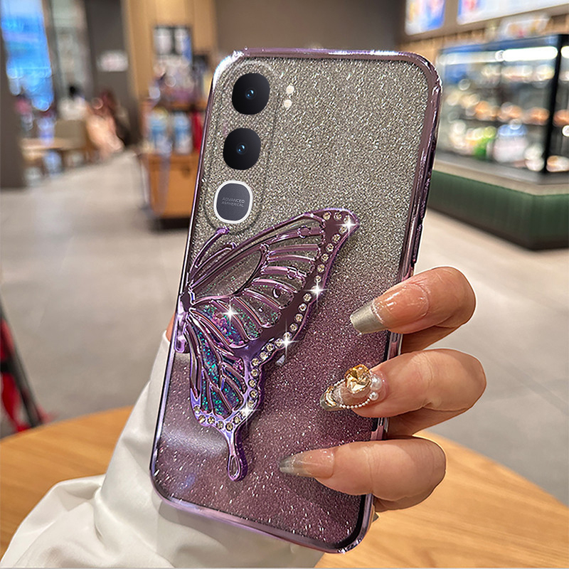 Phone case Vivo Y21D Y31 5G Back cover Diamonds butterfly holder shiny hourglass of quicksand transparent soft silicone For Vivo Y31 5G Y21D case.