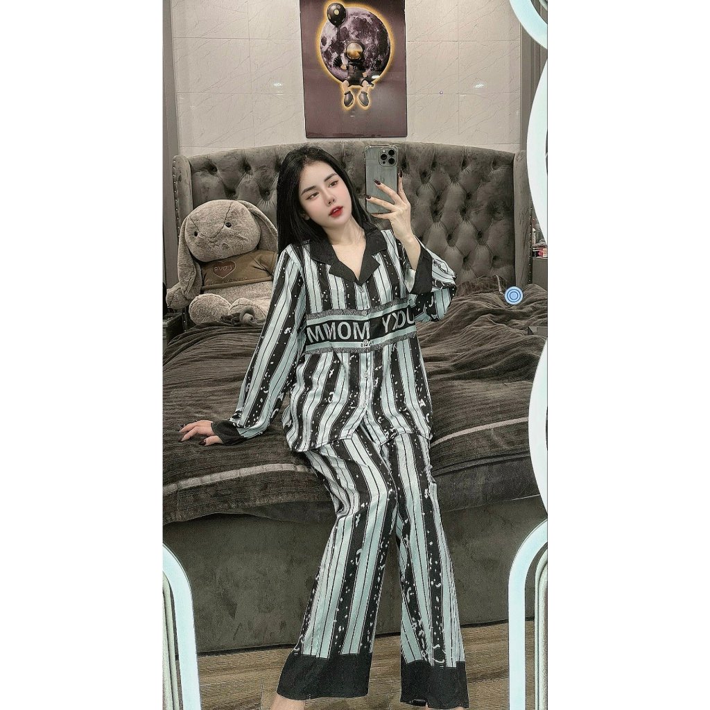 Bộ đồ ngủ bigsize 50-75kg, đồ bộ nữ pijama dài tay dài 5 nút lụa xước bigsize, đồ ngủ lụa mặc nhà thiết kế sang chảnh