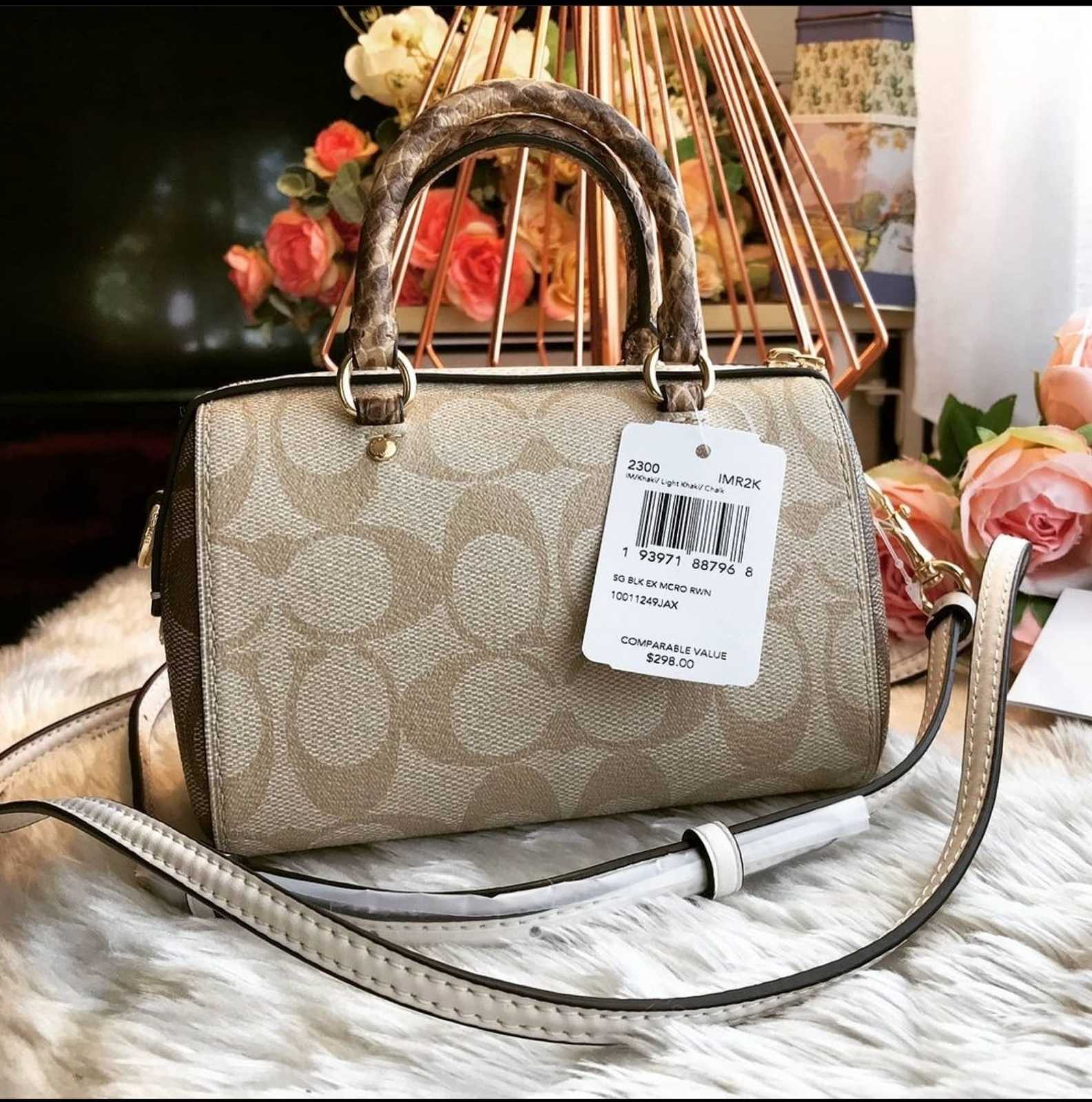 Coach 2300 Micro Rowan Crossbody in Khaki / Light Khaki Signature Coated  Canvas Chalk Smooth Leather and Snake-embossed Leather - Women's Bag