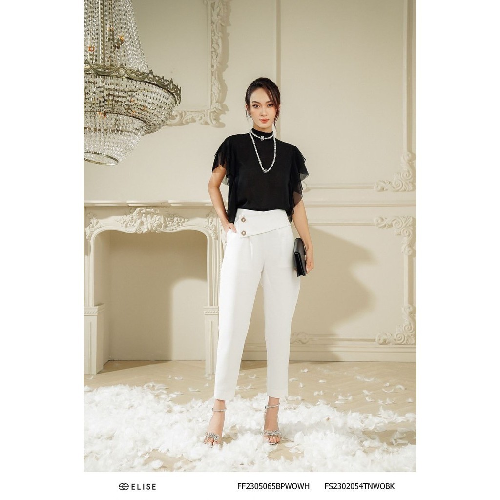 Áo sơ mi chiffon đen chạy bèo vai thiết kế elise fs2302054tnwobk