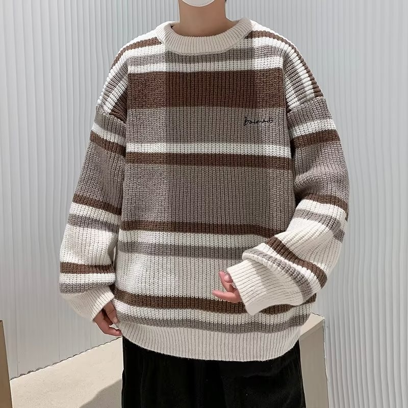 Men's striped crew neck loose embroidered color block sweater Japanese color block casual sweater