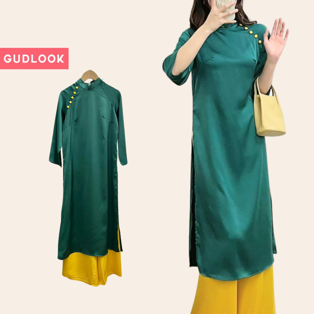 Áo Dài Lụa Nữ Cách Tân Cúc Bọc GUDLOOK Trơn 4 Màu Phối