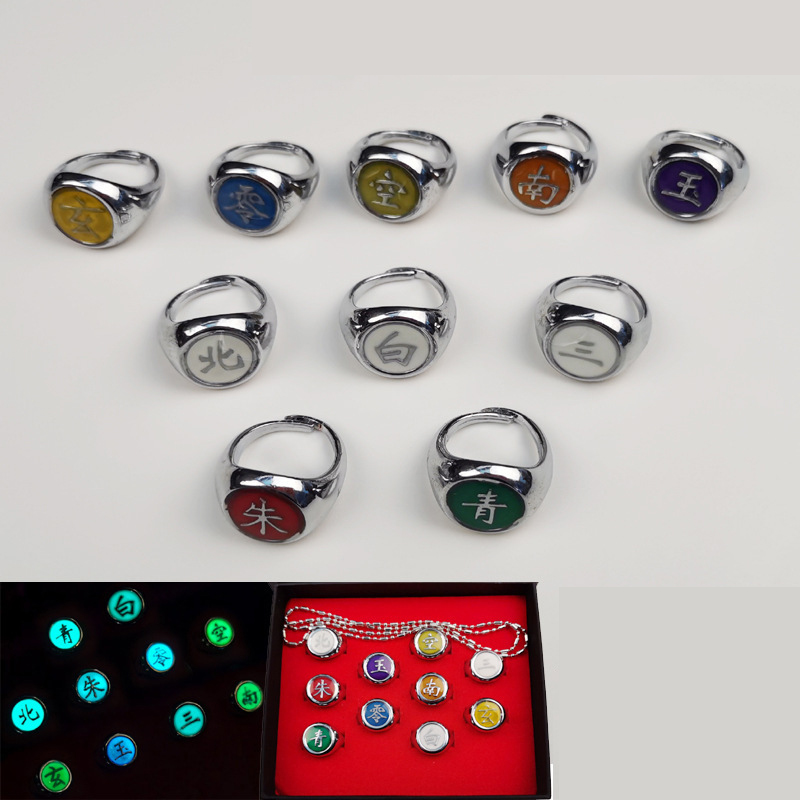 10PCS Anime Naruto Ring Set Akatsuki Uchiha Itachi Ring Luminous Ring Alloy Ring
