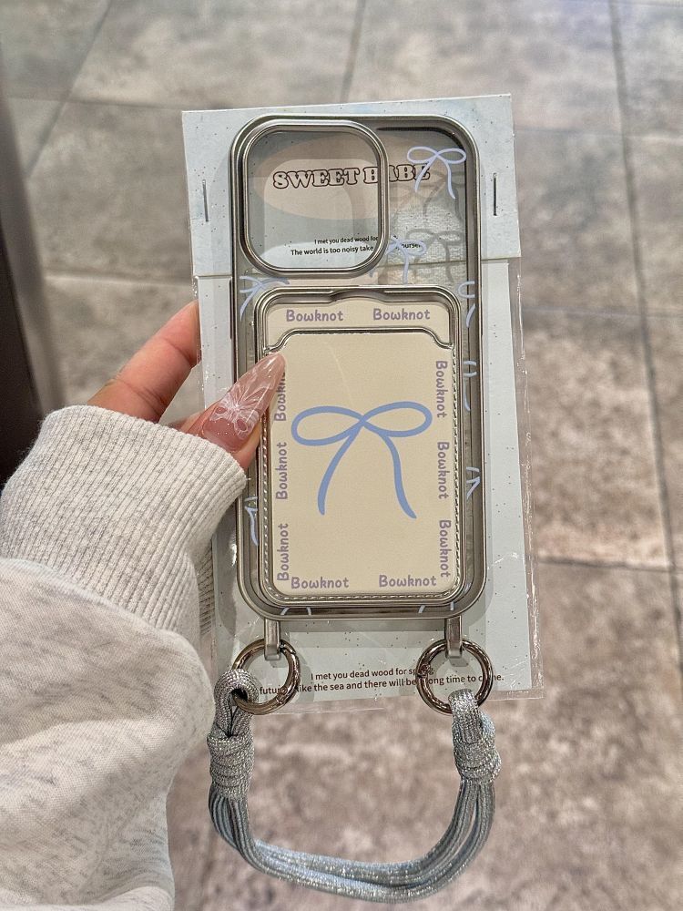 Mạ điện Bezel Card Pack Big Hole Soft Case ốp lưng iPhone 11 12 pro Max x xr xs Max 7 cộng với 8 cộng với 13 pro Max 14 pro Max 15 pro Max Case Cartoon Blue Bow Silver Lanyard