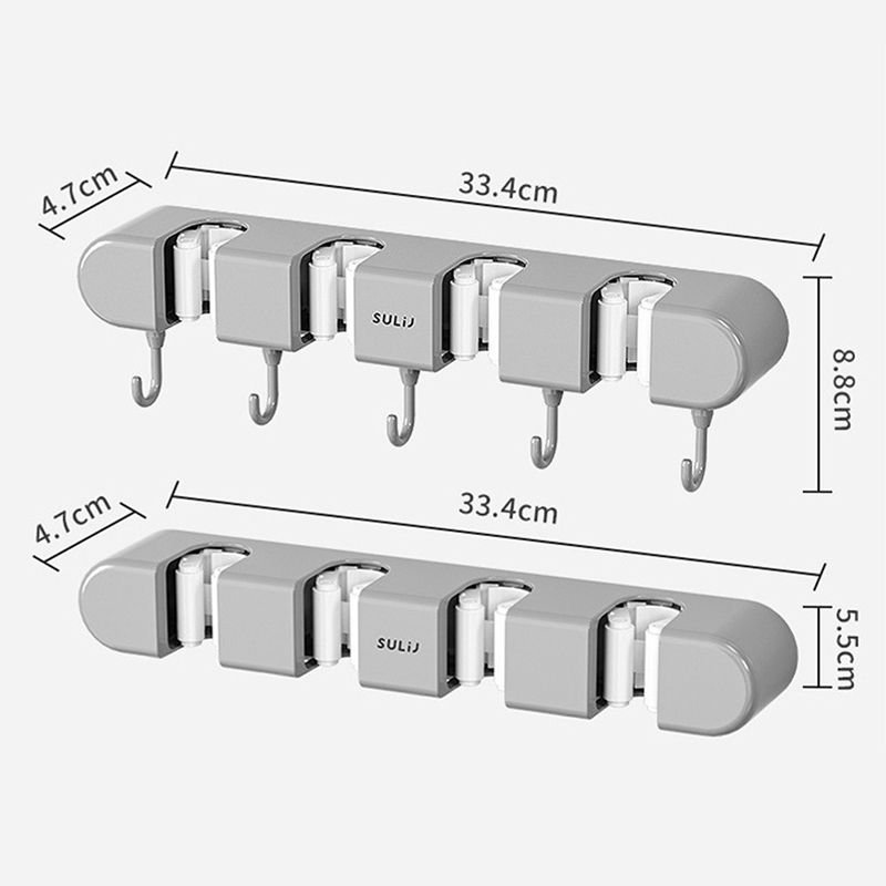 Mop Holder Wall Mounted Mop Organizer Holder Rackbrush Broom Hanger Hook Adhesive Multi-purpose Hooks Hanger Without Punching (4 Racks with 5 Hooks)(Grey, White)