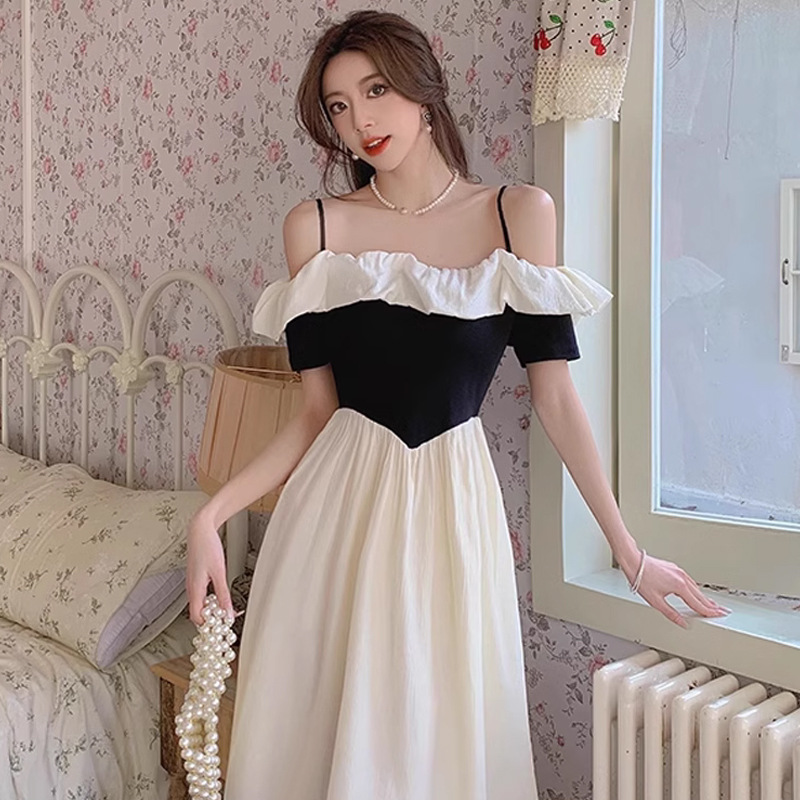 IELGY off-shoulder strap dress summer women's new French ruffled waist slimming long dress