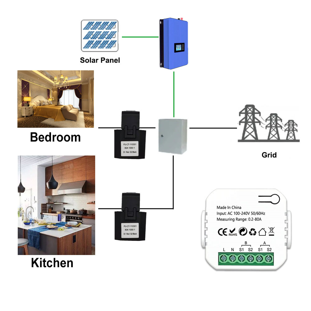 Aubess Tuya Wifi Smart Sensor Intelligent Energy Meter Solar PV System Power Production Consumption Bidirectional Monitoring Meter Mobilephone APP Control Power Monitor with CT