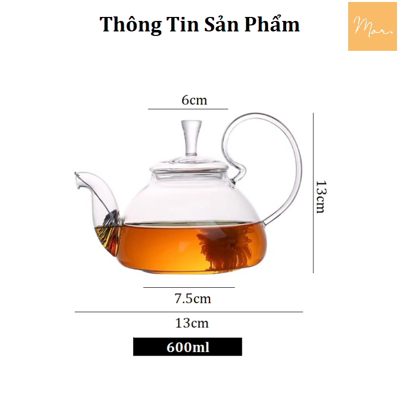 Ấm trà thủy tinh chịu nhiệt - 600ml (Quai bồng)