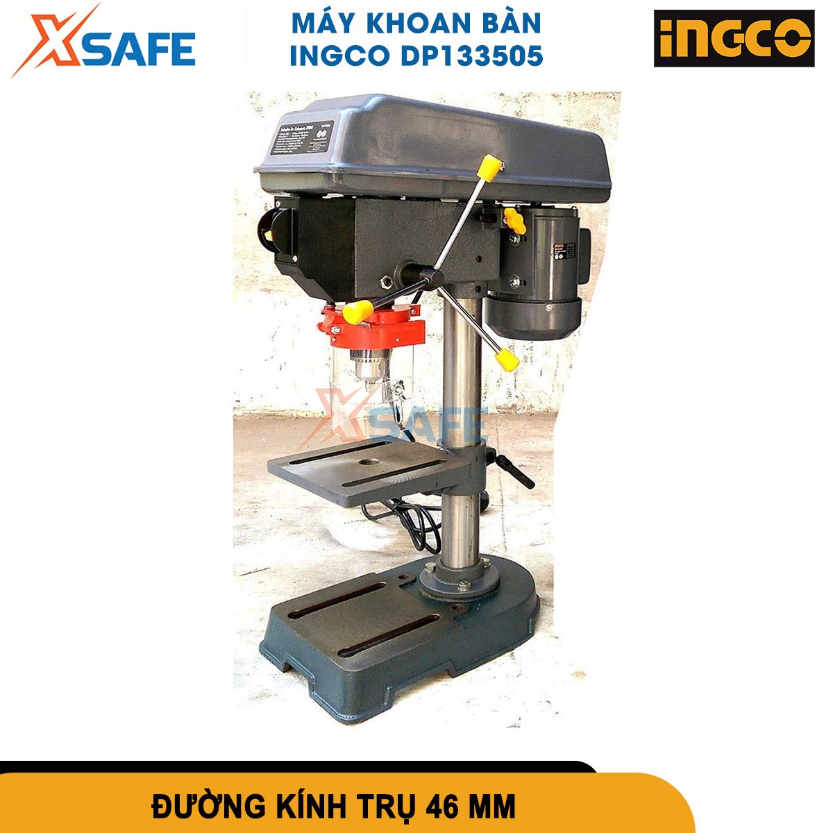 Máy khoan bàn 350W INGCO DP133505 khả năng điều chỉnh bàn khoan, khoan tối đa 13 mm,số mức tốc độ 5, đường kính ống trụ 46 mm, chiều cao máy 590mm, kích thước bàn khoan 160*160 mm, kích thước chân bàn 291*183mm