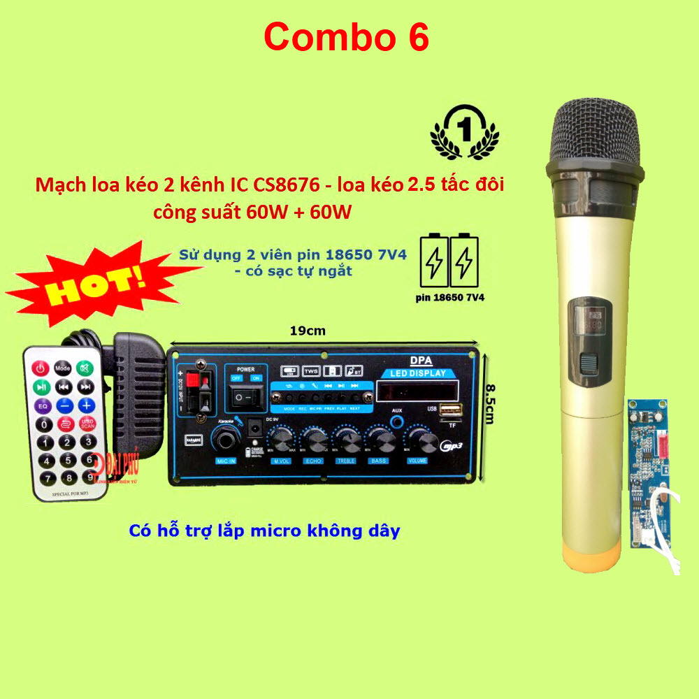 [HCM]Mạch loa kéo 2 kênh pin 18650 7.4V kèm micro loa kéo 2.5 tấc đôi