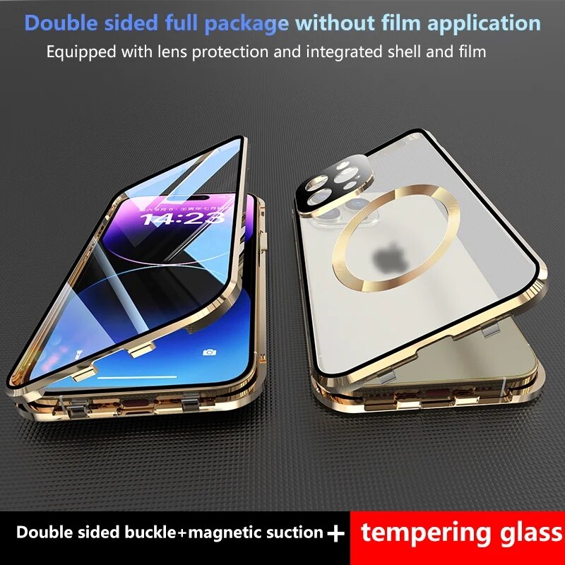 Dual lock lens protection for iPhone 15 14 13 Pro Max glass plus PC backpanel double sided magnetic wireless charging phone case. 