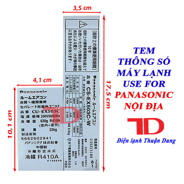 Tem thông số đuôi nóng dành cho Máy Lạnh PANASONIC nội địa, Điện Lạnh Thuận Dung