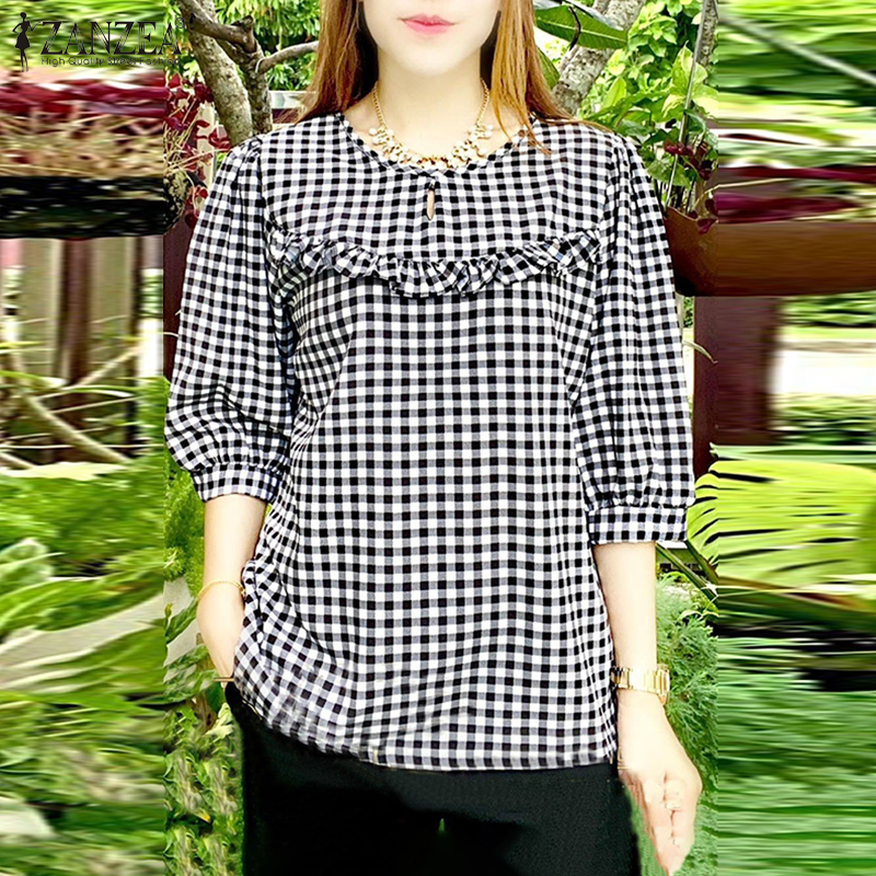 ZANZEA%20Women's%20Blouse%20Summer%20Casual%20Plaid%20Casual%20Ruffle%20Hem%203/4%20Sleeve%20Round%20Neck%20Loose%20Shirt%20Top%20-%20Image%202