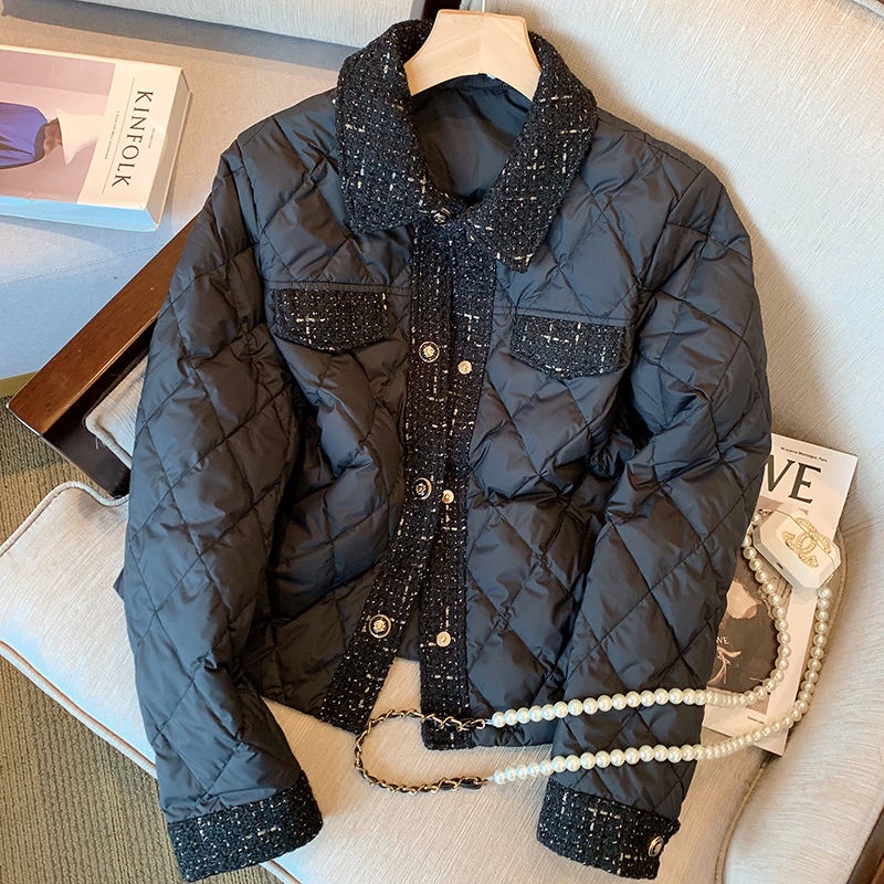 Black Lingge Cotton Coat Women's Winter New Vintage Temperament Short Lightweight Jackets