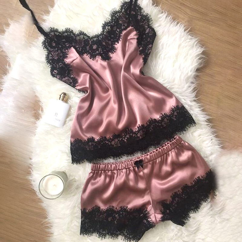 Women%20Sleepwear%20Sleeveless%20Strap%20Nightwear%20Lace%20Trim%20Satin%20Cami%20Top%20Pajama%20Set%20GENGLI%20-%20Image%202