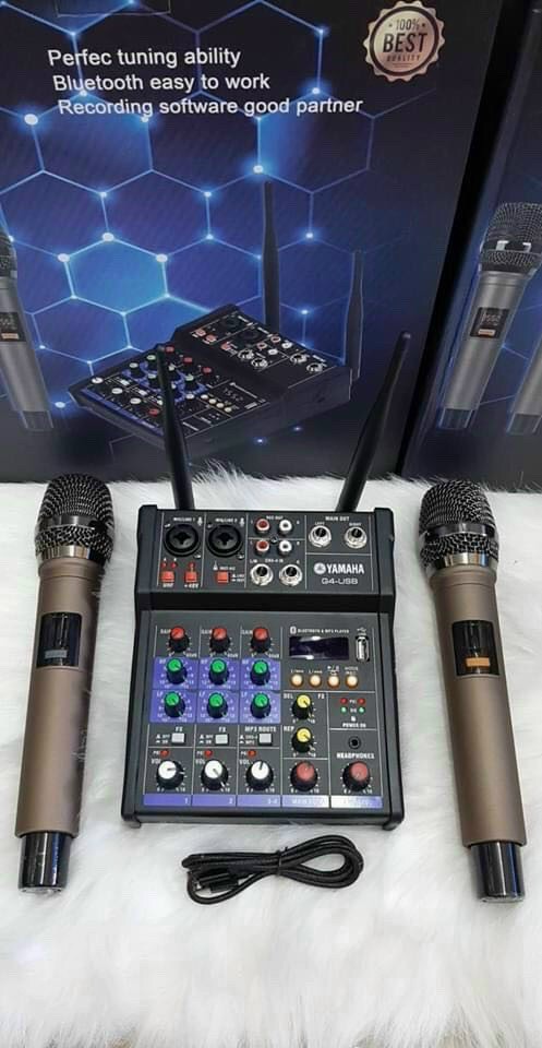 [Hàng chuẩn] Bàn trộn Mixer Yamaha G4 USB – Có bluetooth 5.0 - Chuyên dùng livestream, karaoke gia đình – Có màn hình led – Kèm 2 micro không dây – Dùng được cho loa kéo, loa ô tô, dàn karaoke gia đình, livestream, thu âm - Bảo hành 12 tháng