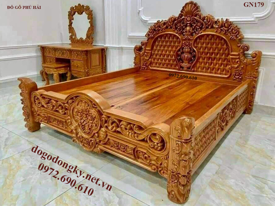 Giường ngủ hoa hồng đẹp gỗ gõ đỏ | đồ gỗ phú hải gn179