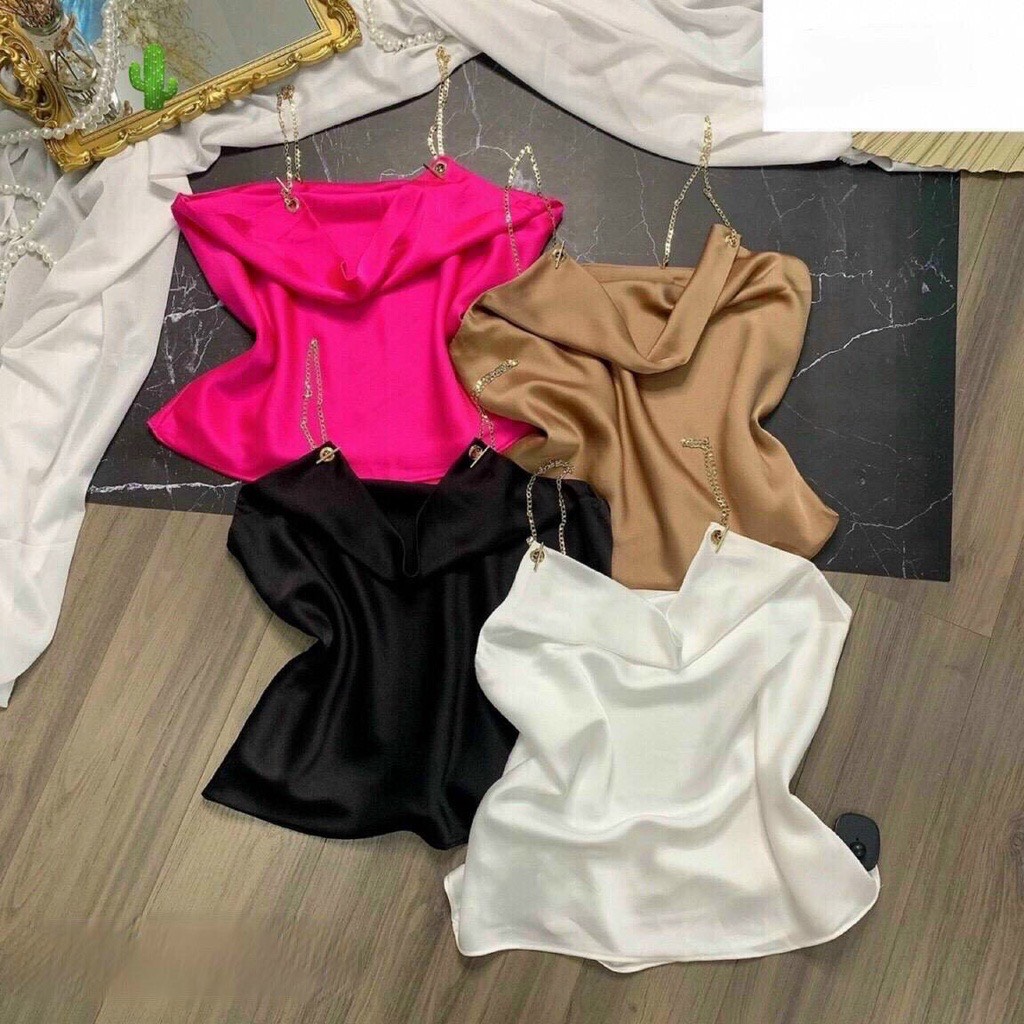 Áo lụa hai dây phối xích cổ đổ thời trang P985321