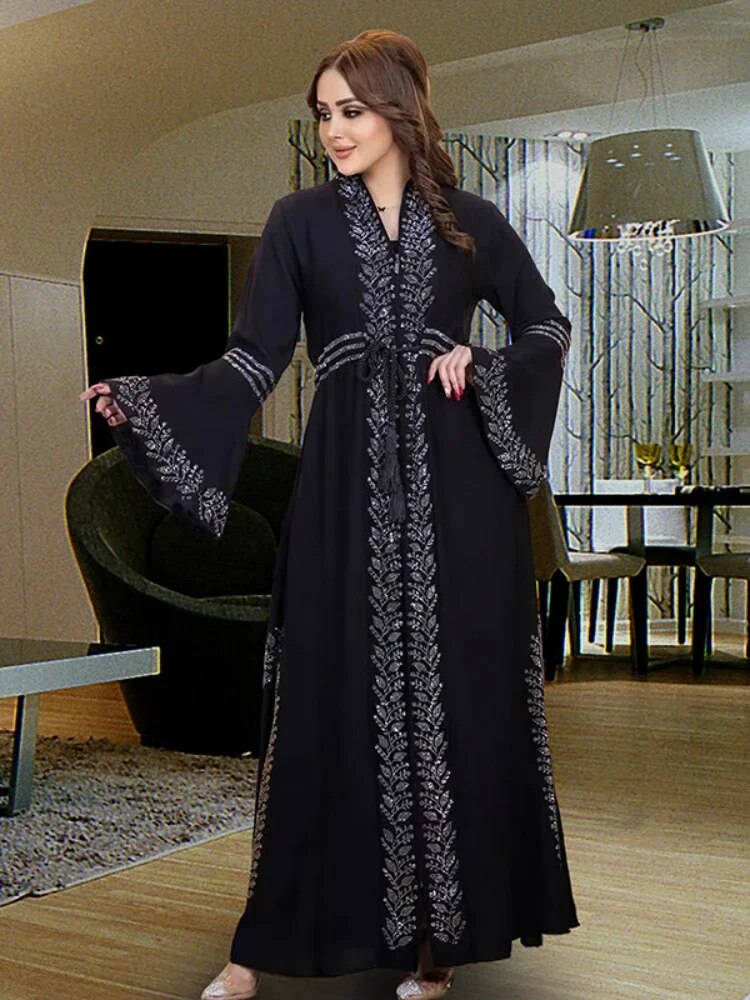 【Trending Now】 Eid Dress For Women Dubai Kaftan Dresses Flare Sleeve Abaya Jalabiya Turkey Ramadan Party Abayas Robe Belt Caftan