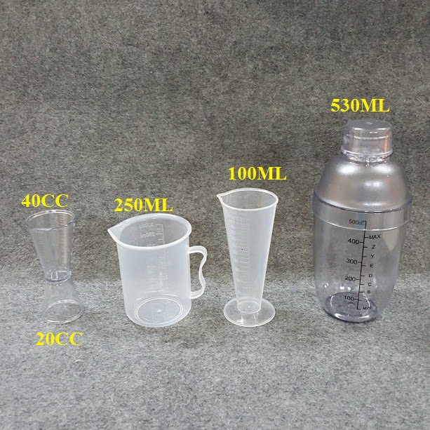 [HCM]BỘ 4 DỤNG CỤ PHA CHẾ (SHAKER 530ML IN LY 100ML CA 250ML LY 2 ĐẦU)