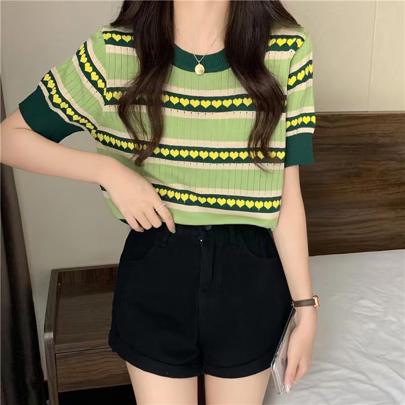 midsummer เสื้อยืดไหมพรมเกาหลี คอกลมแขนสั้น ลายหัวใจน่ารักมาก ผ้าร่อง ...