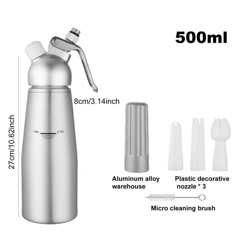 500ml Cream Foam Gu-n Cake Piping Gu-n Stainless Steel Siphon Squeeze Bottle Dessert Tool Cream Whippers Kitchen Accessories