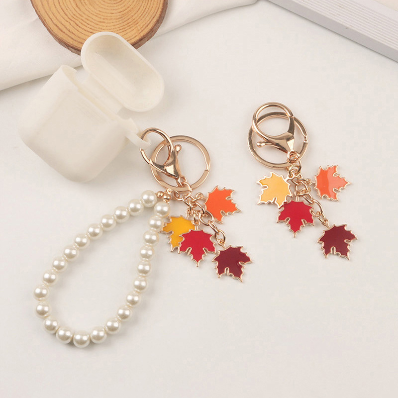 🎈LUCKY🎈 Pearl Maple Leaf Car Keychain Pendant Colorful Leaf Alloy Accessories Earphone Sleeve Bag Decorative Pendant
