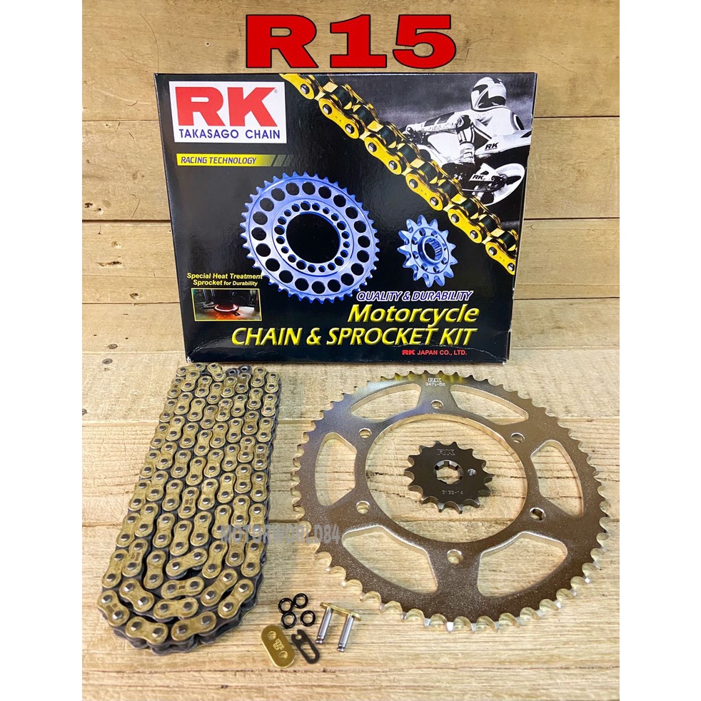 RANTAI RK YAMAHA R15 MT15 V3 FULL SET RK TAKASAGO CHAIN SPROCKET R15 V3 ORING GOLD CHAIN { 100