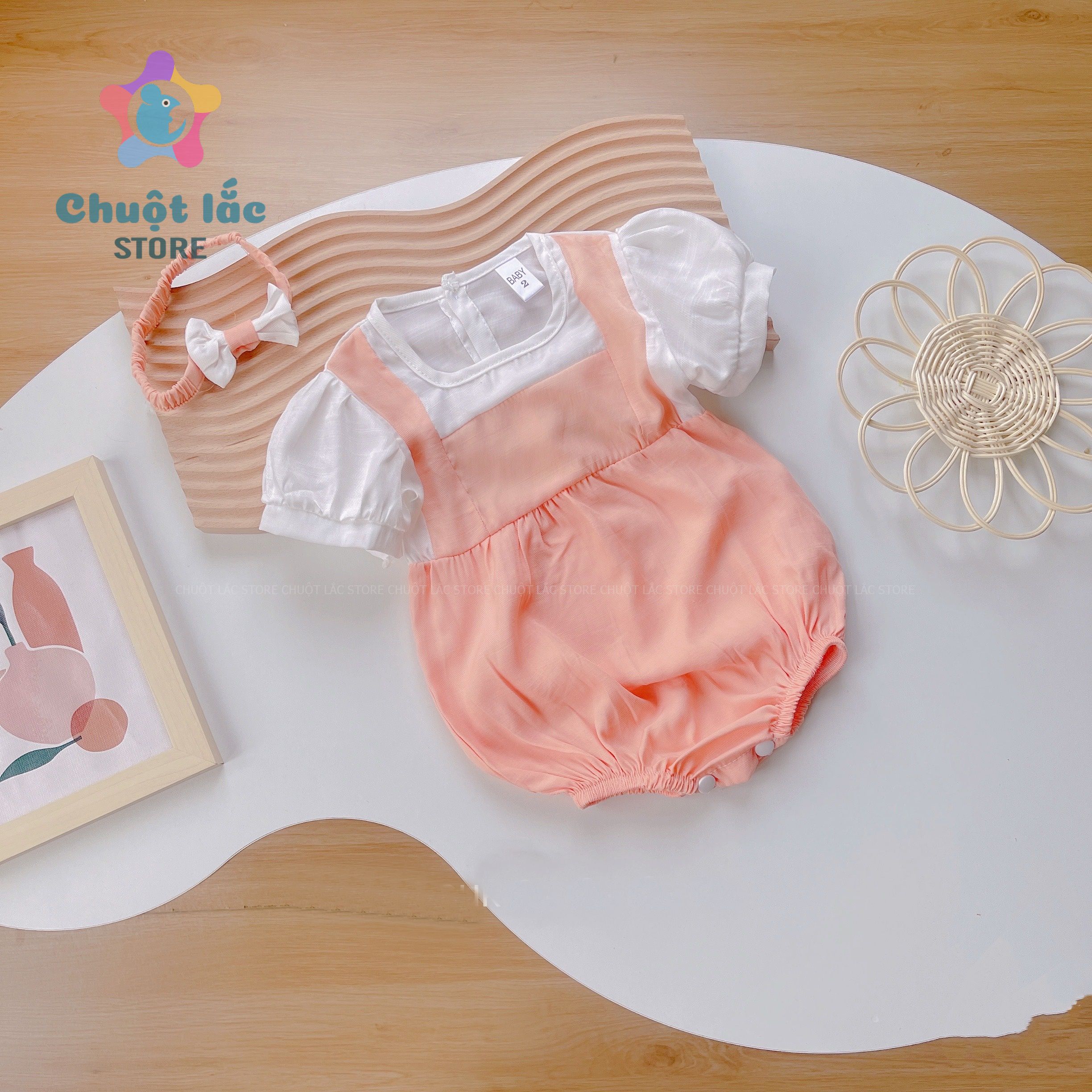 Body Cho Bé Gái Bộ Đồ Liền Thân Kiểu Giả Yếm Kèm Tuban Chất Đũi Tơ 3kg Đến 10kg Màu Cam