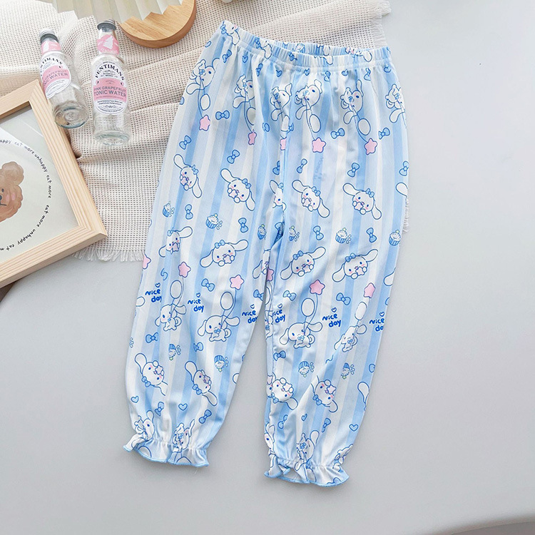 Sanrio pants girls ice silk anti-mosquito pants Air conditioning home clothing cartoon lace smooth bunches hem hem loose pants