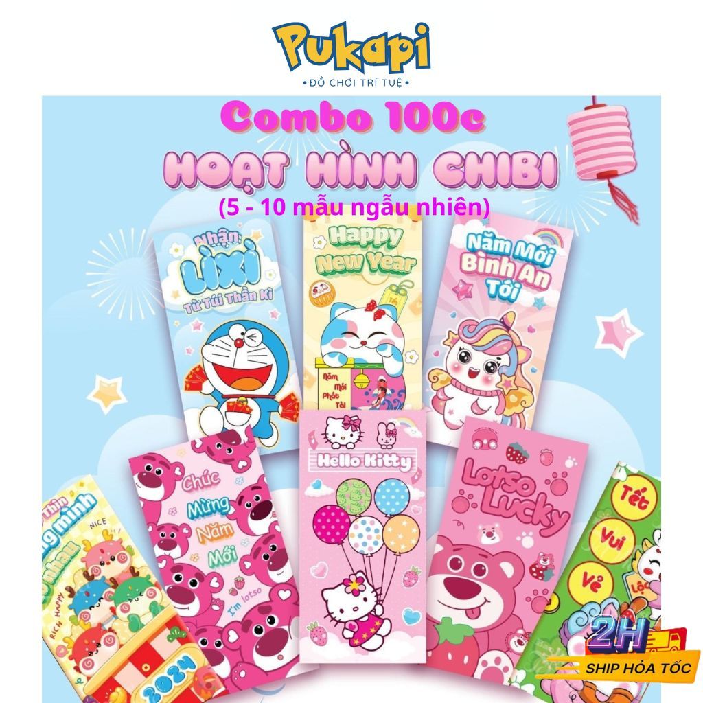 Combo 100 lì xì tết, bao lì xì hoạt hình chibi gấu dâu, doraemon tết 2024 pukapi