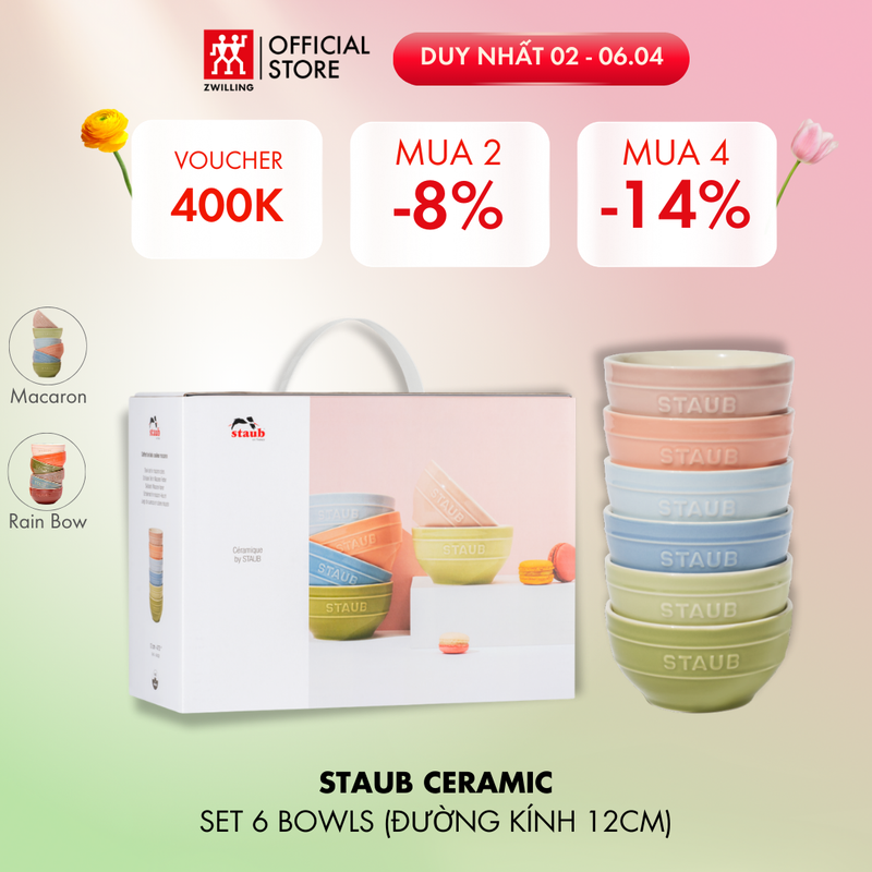 Bộ chén bát, đĩa, cốc, hũ gia vị gốm sứ STAUB Ceramic (Macaron/Rainbow) - bộ 6 món theo từng loại