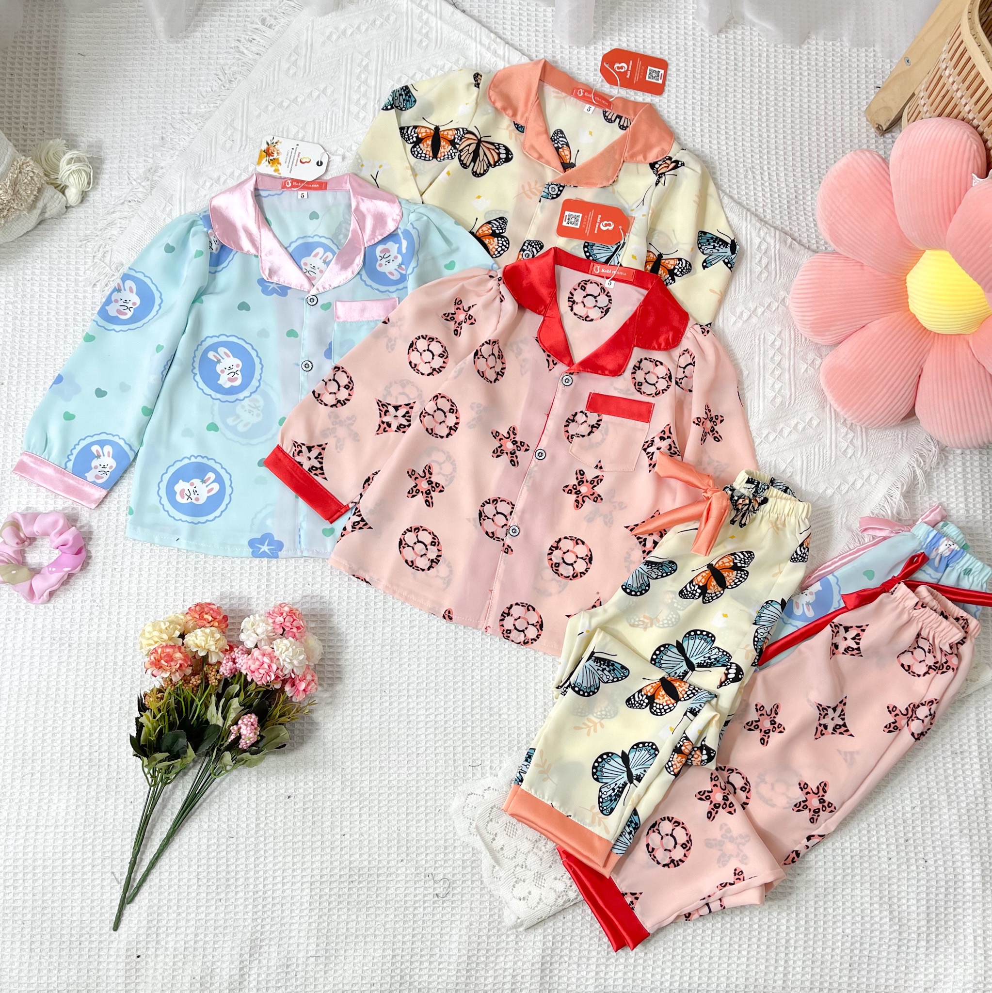 Bộ Ngủ Pijama Lụa Mango  Dài Tay cho bé gái