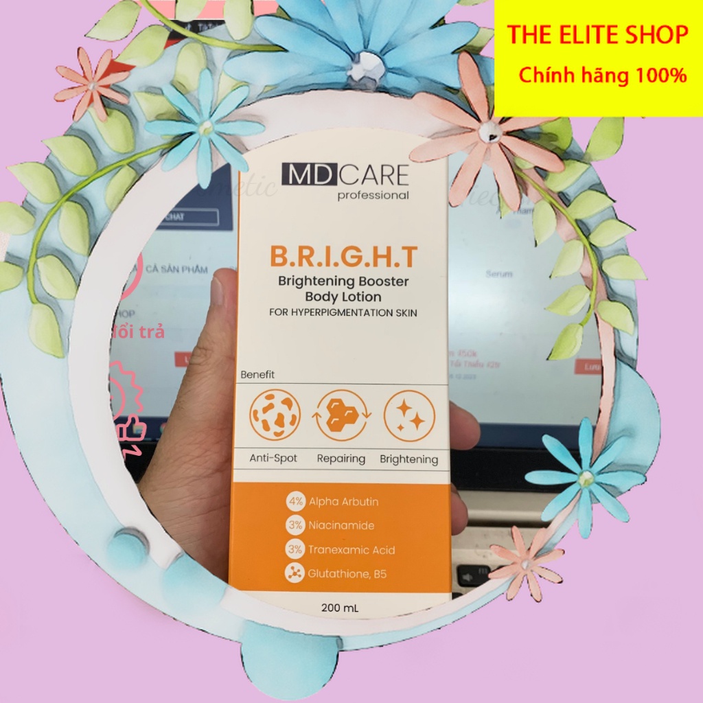 Sữa dưỡng thể sáng da mờ thâm 4% alpha arbutin-3% niacinamide md care brightening booster body lotion 200ml