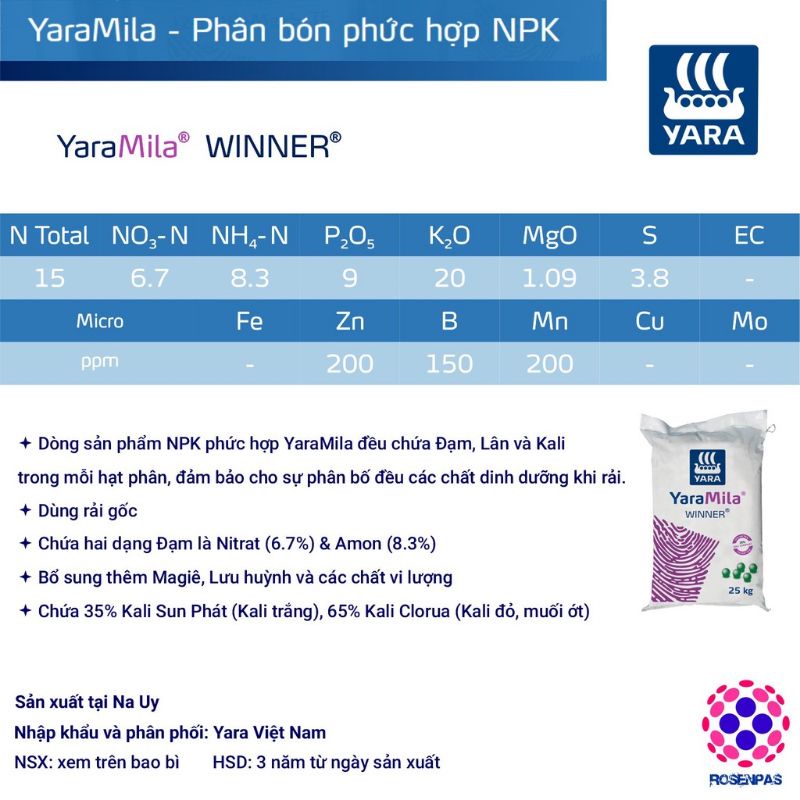Phân Bón NPK YaraMila WINNER (15-9-20+1.09 Mg+8S+TE) 1kg